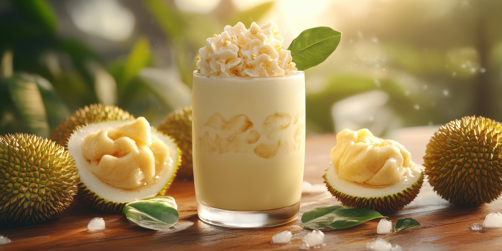 Creamy dessert made with tropical durian fruit served in a glass, surrounded by fresh fruit on a wooden table